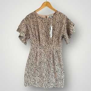 Leopard Print Ruffle Sleeve Dress - Beige and Black